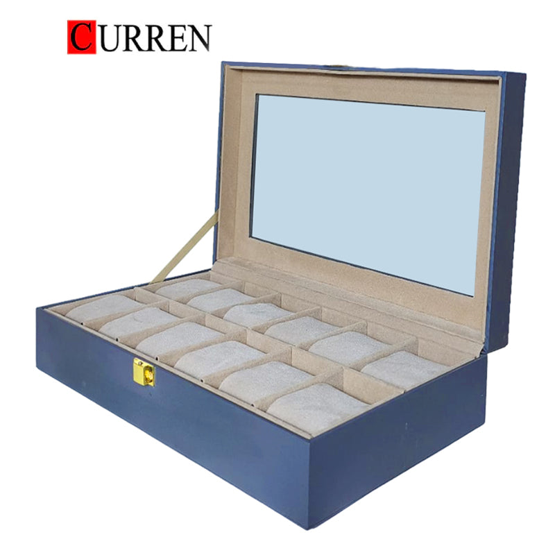 CURREN Original Brand Black PU Leather Display Collection Storage 12 Grids Watch Organizer Box