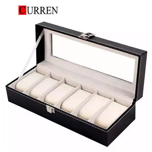 CURREN Original Brand Black PU Leather Display Collection Storage 6 Grids Watch Organizer Box