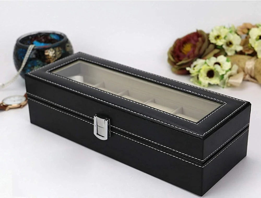 CURREN Original Brand Black PU Leather Display Collection Storage 6 Grids Watch Organizer Box