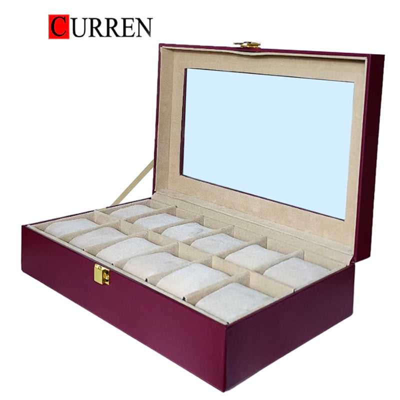 CURREN Original Brand Black PU Leather Display Collection Storage 12 Grids Watch Organizer Box